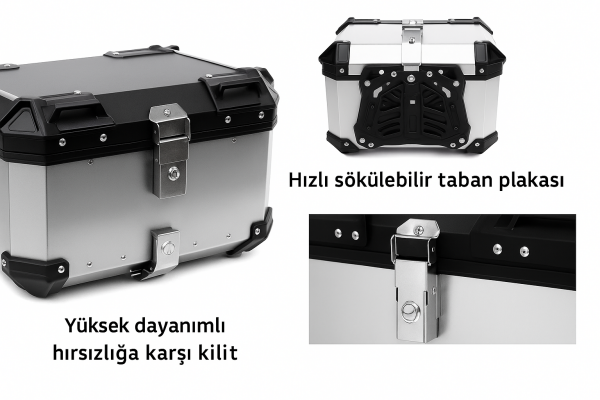 Evrensel Alüminyum Kasa Ithal Motosiklet Çantası Motor Çantası Gümüş 55 L