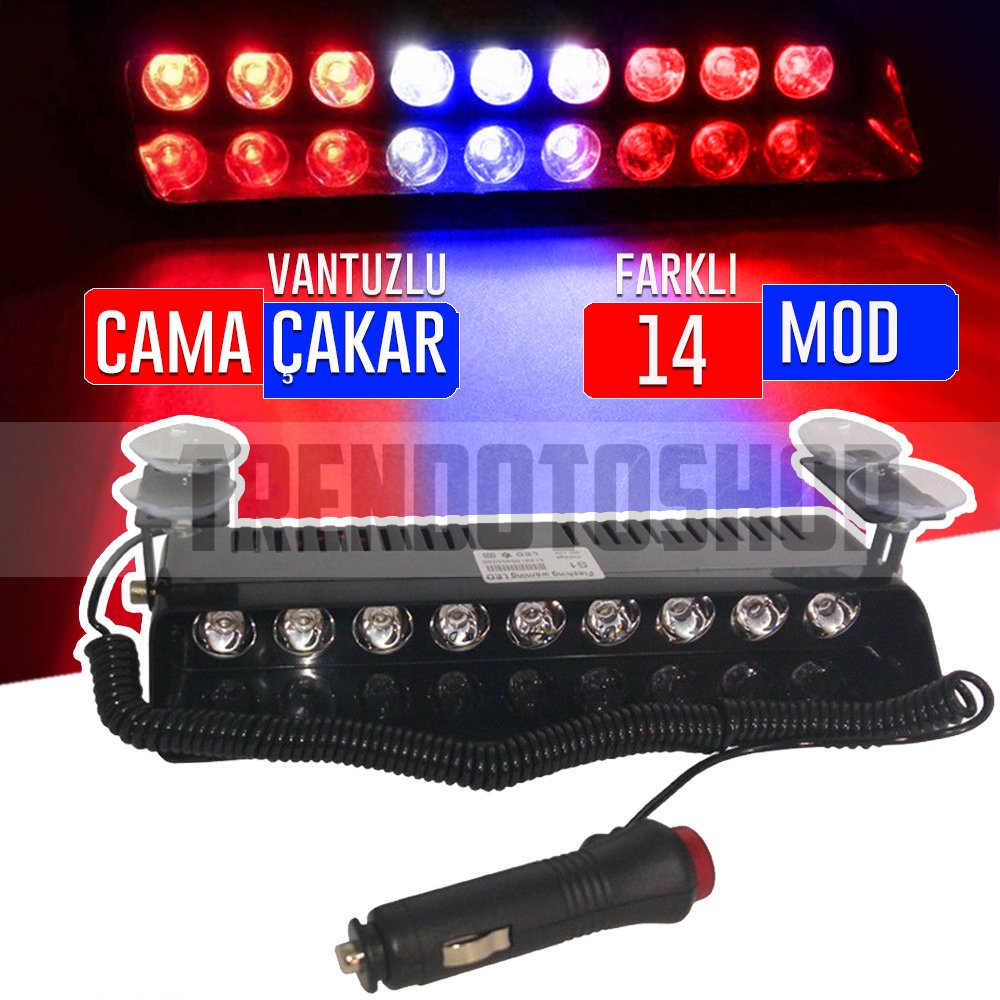 S9 Kırmızı Mavi Beyaz 14 Mod 9 Led Flaş Araç İç Dış Panel Çatı Ön Arka Cam Oto Çalışma Lambası Sis Farı Işık Çubuğu Spot Vantuzlu Çakmaklık Girişli Acil İkaz Sinyal Polis Çakar Gece Gündüz Çalışan Lamba