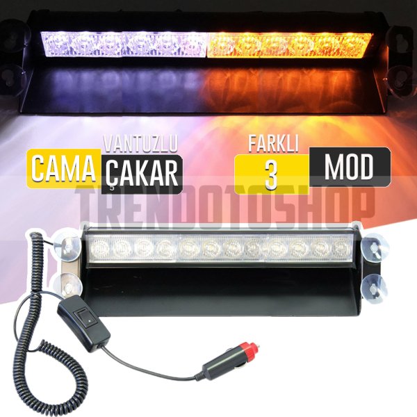 12 Led Puslu Cam Sarı-Beyaz Çakmaklık Girişli Vantuzlu Çakar