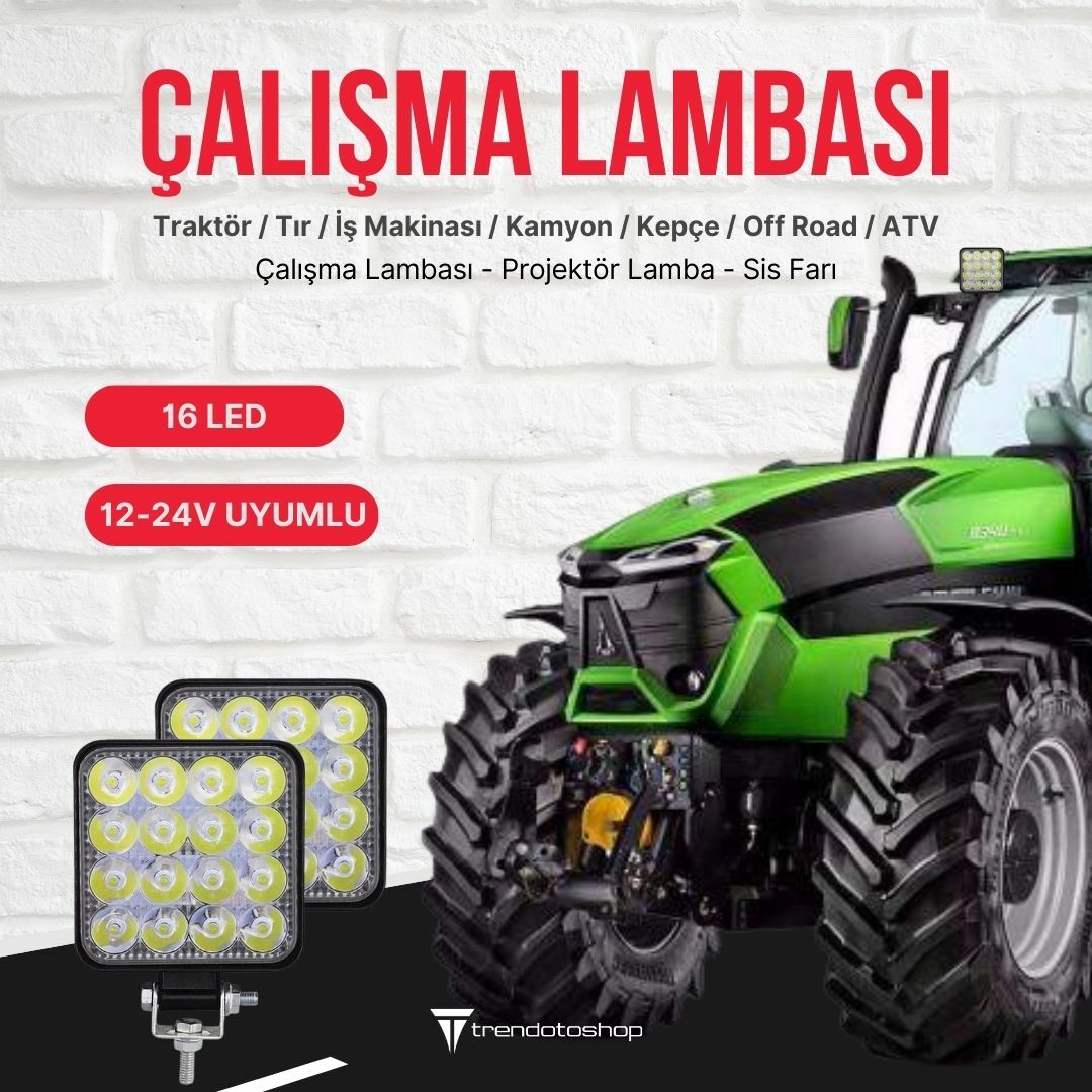 16 Led Kare 48W Traktör Sis ve Çalışma Lambası