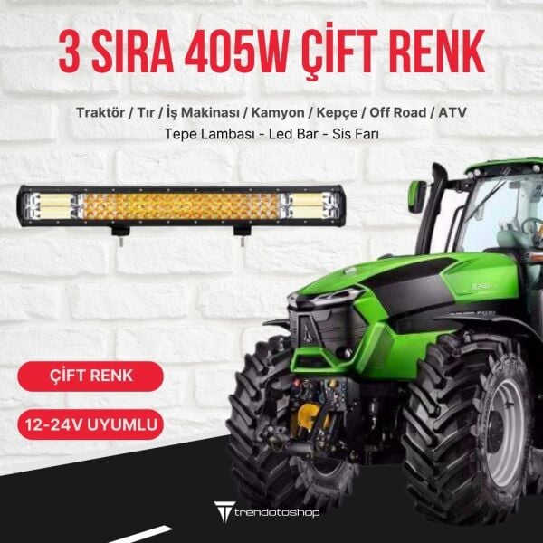 3 Sıra 405W Çift Modlu Beyaz Ve Turuncu Flaşlı 81Cm Traktör Led Lamba, Sis Farı ve Çalışma Lambası