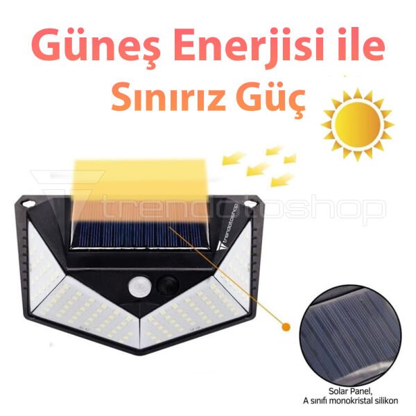 100 Ledli Güneş Enerjili Hareket Sensörlü Solar Aydınlatma Lambası