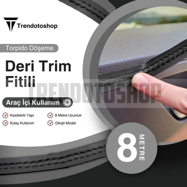 8 Metre Deri Trim Fitili Siyah Dikişli