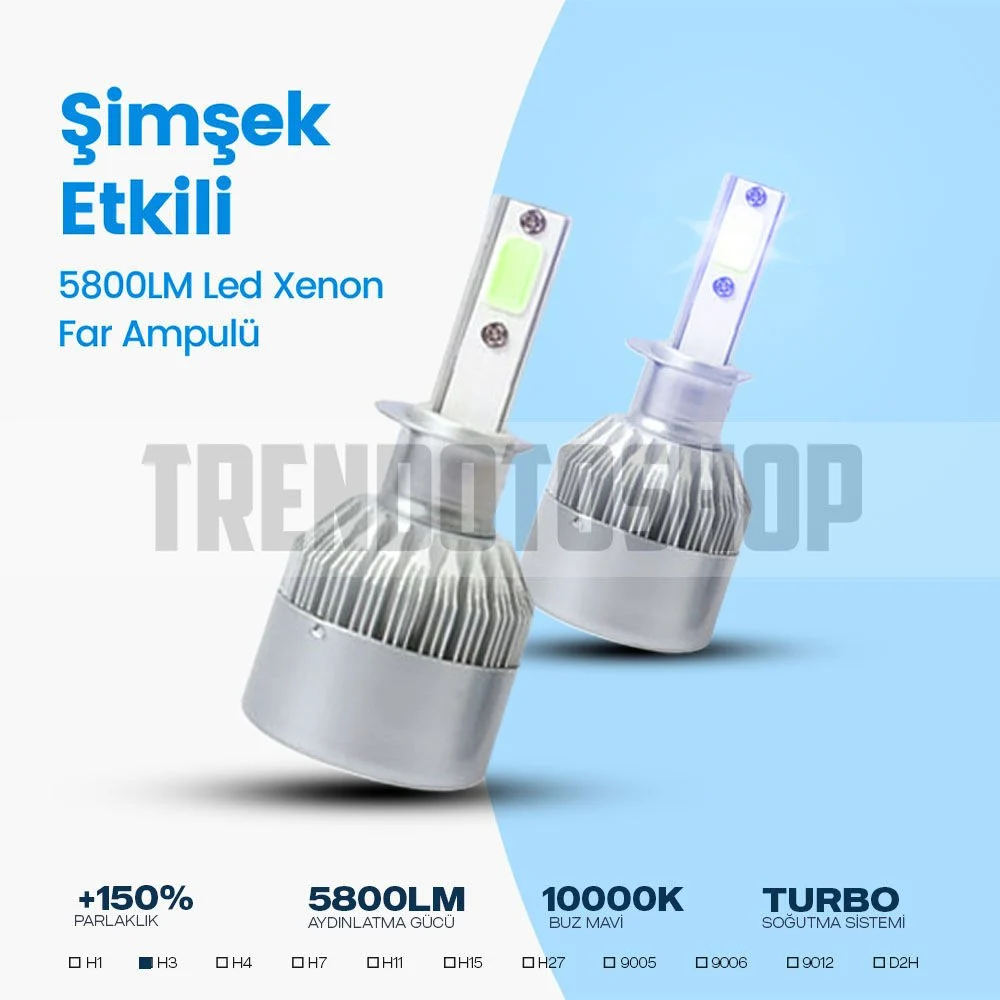 C6 H3 Led Xenon Far Ampulü Şimşek Etkili 5800LM Chip on Board 10000K  Buz Mavi