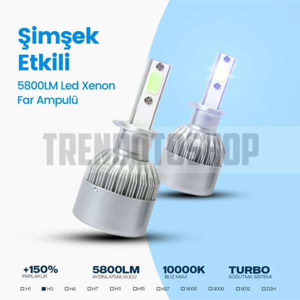 C6 H3 Led Xenon Far Ampulü Şimşek Etkili 5800LM Chip on Board 10000K  Buz Mavi