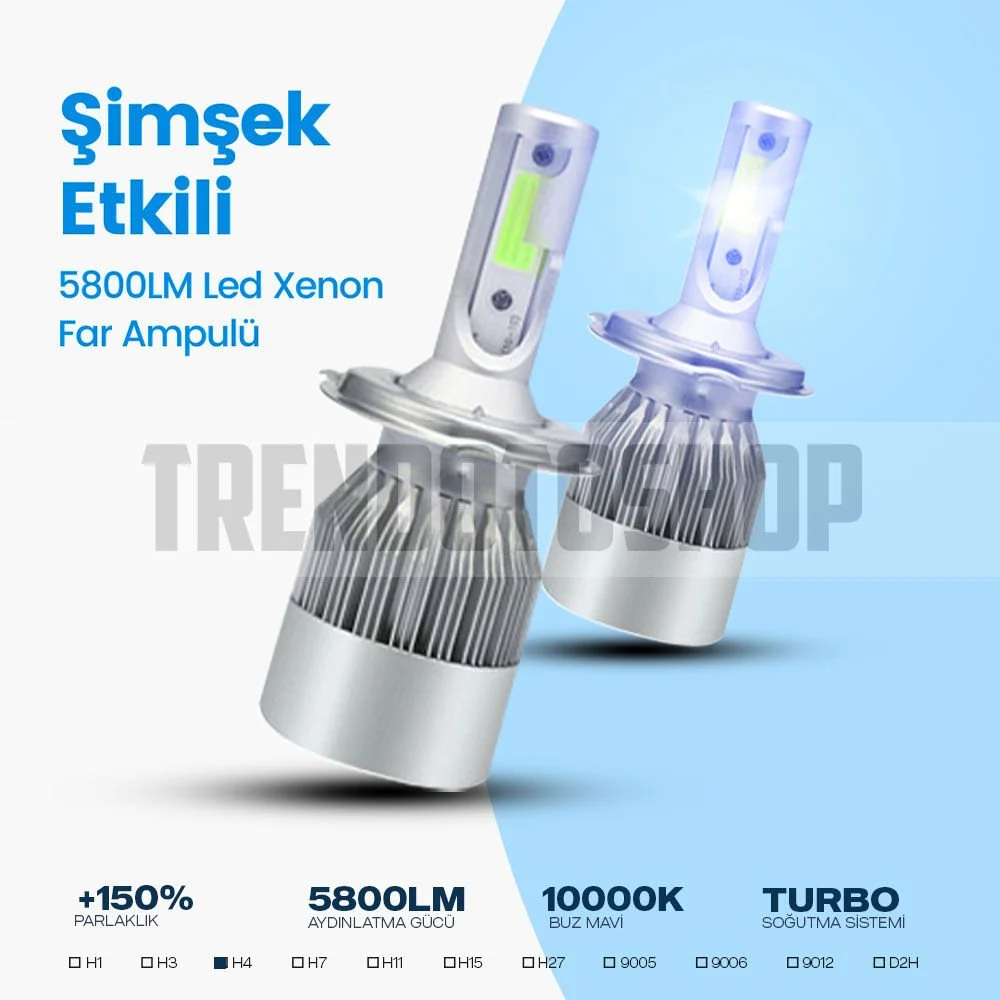 C6 H4 Led Xenon Far Ampulü Şimşek Etkili 5800LM Chip on Board 10000K  Buz Mavi