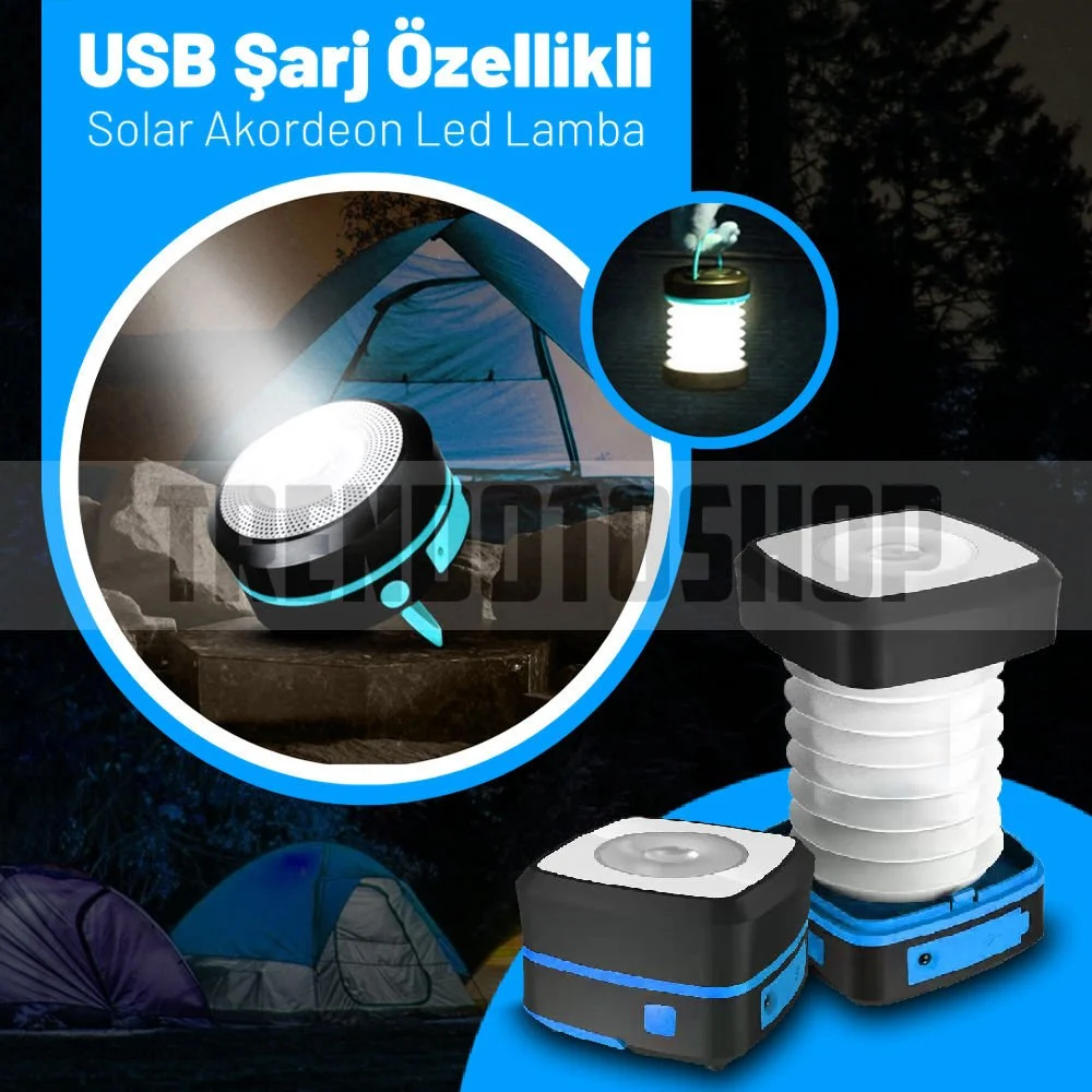 USB Şarj Özellikli Solar Akordeon Beyaz Led Kamp Lambası MAVİ