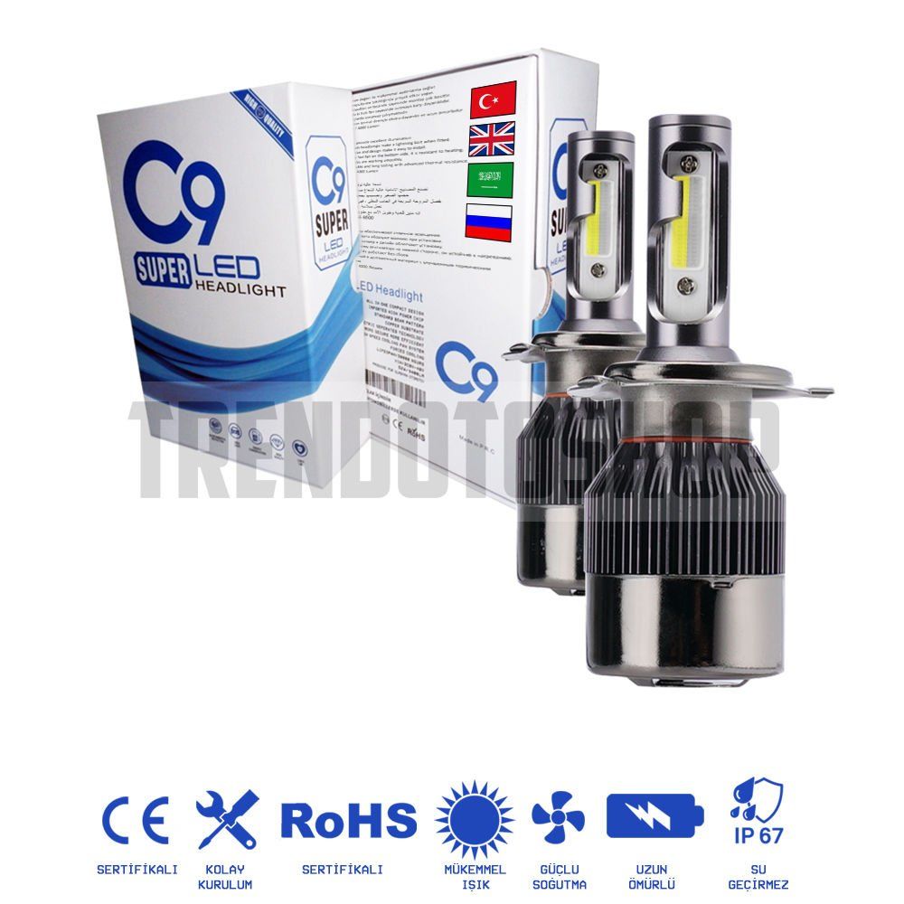 C9 Trio Deli Mavi-Beyaz-Gün Işığı Led Xenon Soğutuculu Ön Far Ampulü H4