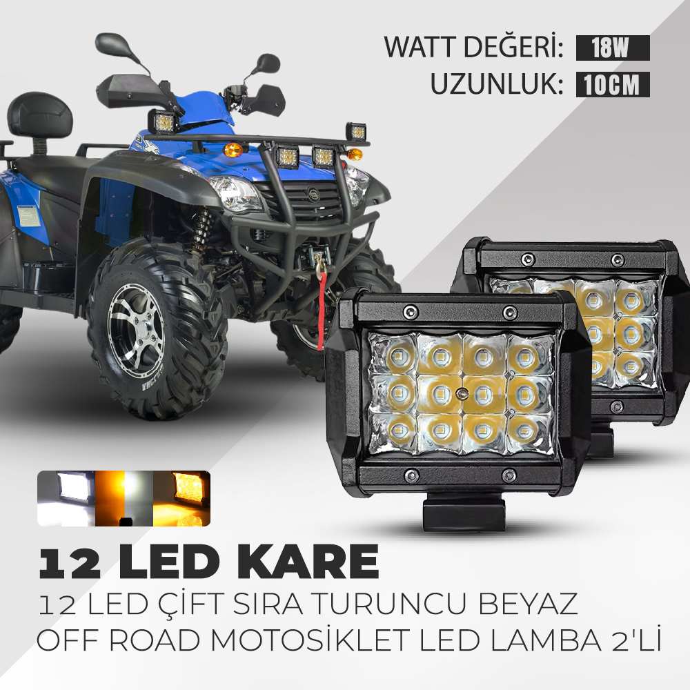 18W 12 Led Motosiklet Çift Sıra Turuncu Beyaz Off Road Led Lamba 2'li