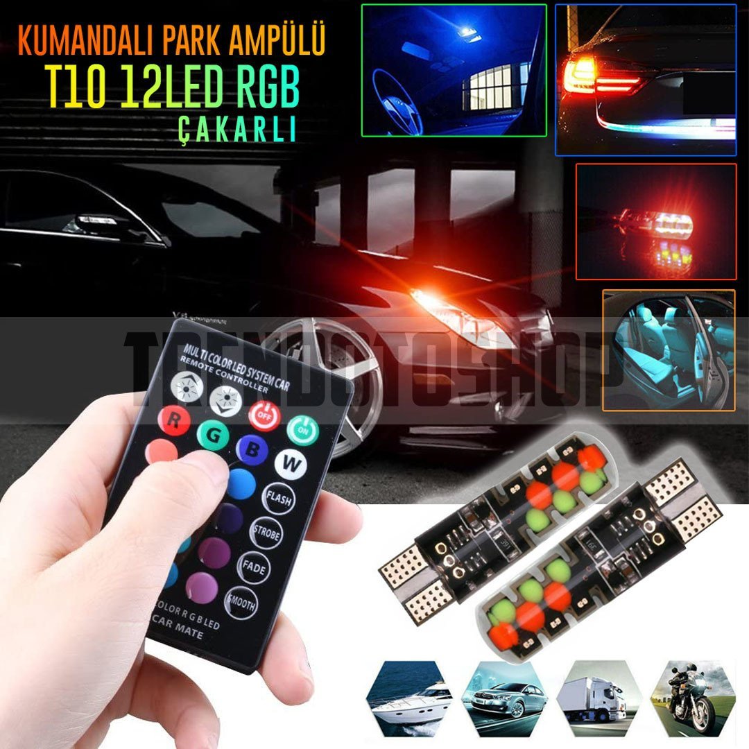 Uzaktan Kumandalı Çakar Lamba 2 Adet T10 18 Led Rgb Park Ampulü T10