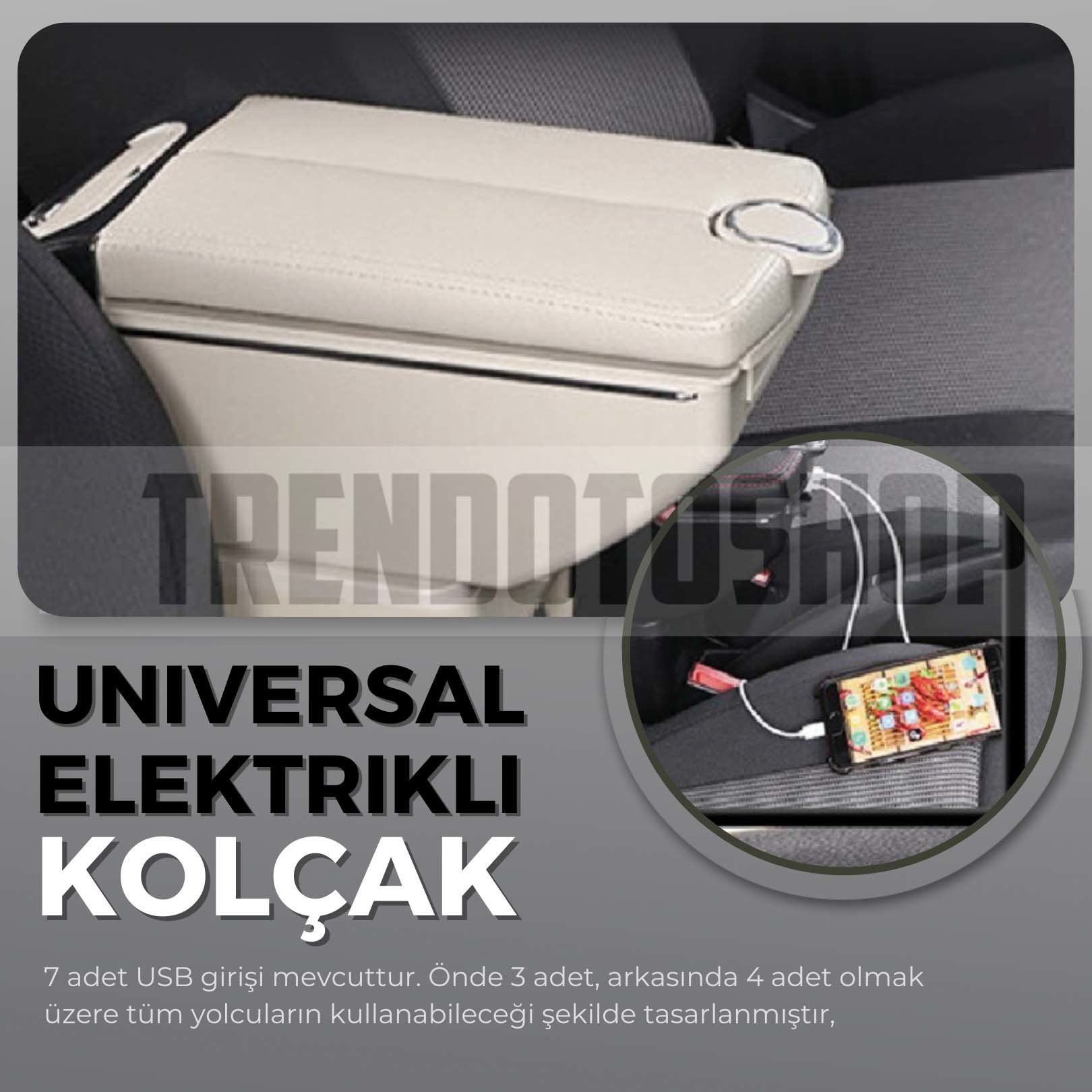 Oto Kolçak Kol Dayama Çift Açılır 7 USB Girişli Tüm Araçlara Uyumlu Kolçak Bej