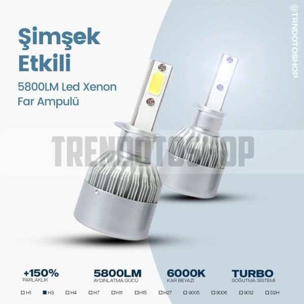 C6 Led Xenon Far Ampulü Şimşek Etkili 5800LM Chip on Board 6000K Kar Beyazı H3