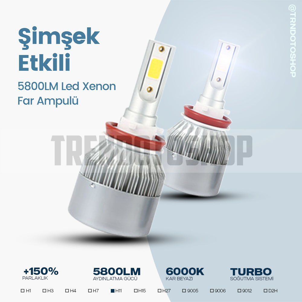 C6 Led Xenon Far Ampulü Şimşek Etkili 5800LM Chip on Board 6000K Kar Beyazı 9006