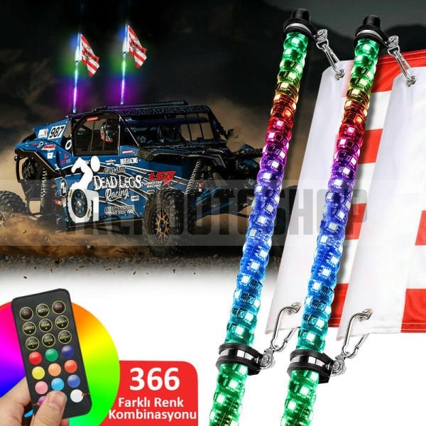 UTV ATV LED Kırbaç Spiral Kırbaç Anten Bayraklı Işıklı Uzaktan Kumandalı 150cm