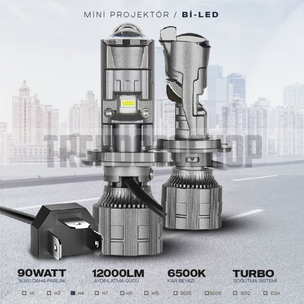 H4 Bi-LED Mini Projektör Lens 90W 16000LM