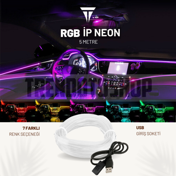 RGB Araç Içi Atmosfer Ambiyans İp Neon Torpido Led 5 Metre USB Girişli