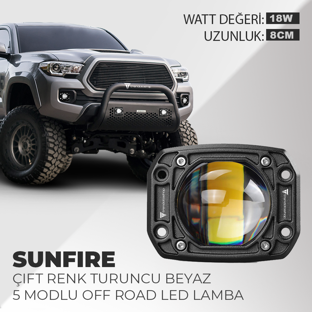 Sunfire 18w Uyumlu Çift Renk Gömme Montaj Sarı Beyaz 8CM 5 Modlu Off Road Led Lamba 2 Adet
