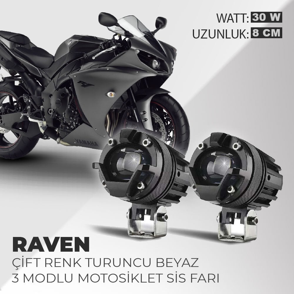 Raven 2 Adet 30W Çift Renk Turuncu Beyaz 3 Modlu Motosiklet Sis Farı Led Lamba