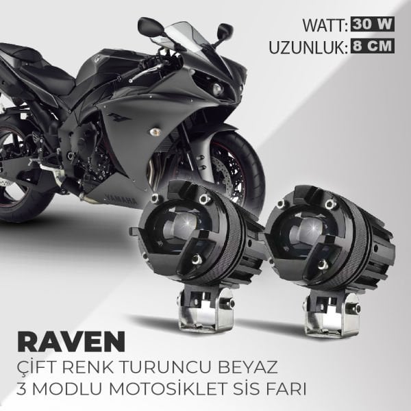 Raven 2 Adet 30W Çift Renk Turuncu Beyaz 3 Modlu Motosiklet Sis Farı Led Lamba