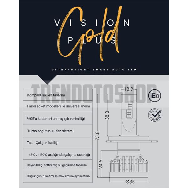 Vision Plus Gold Super Mini/Slim CSP Led Xenon Far Ampulü Canbus 35W 9400 Lümen 9012