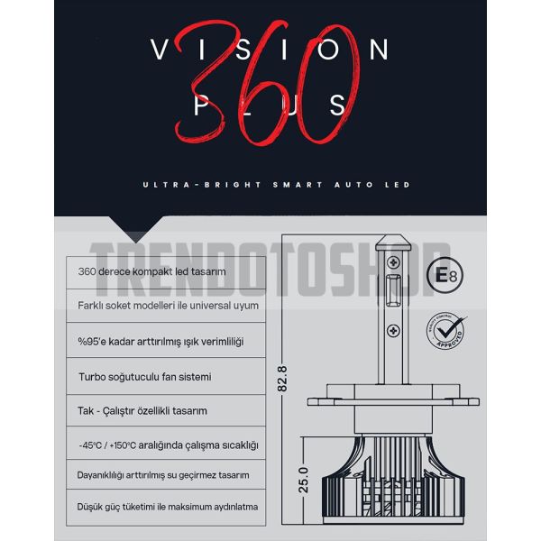 Vision Plus 360° DOB Led Xenon Far Ampulü 34W 8800 Lümen H1
