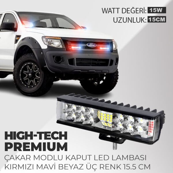 High-Tech Premium Çakarlı Kaput Led Lambası Üç Renk 15.5 CM Kırmızı Mavi Beyaz