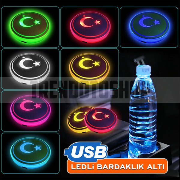 Türk Bayrağı Ledli Bardaklık Altı Usb Şarjlı Gece Sensörlü 7 Farklı Renk
