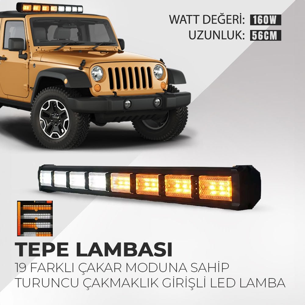 Cama Çakar Beyaz Turuncu Led Flaş Çakmaklık Girişli 56 CM 19 Mod Araç İçi Ön Arka Panel Araç Dışı Tepe Izgara Acil İkaz Sinyal Uyarı Yönlendirme Spot DRL Gece Gündüz Çalışan Lamba