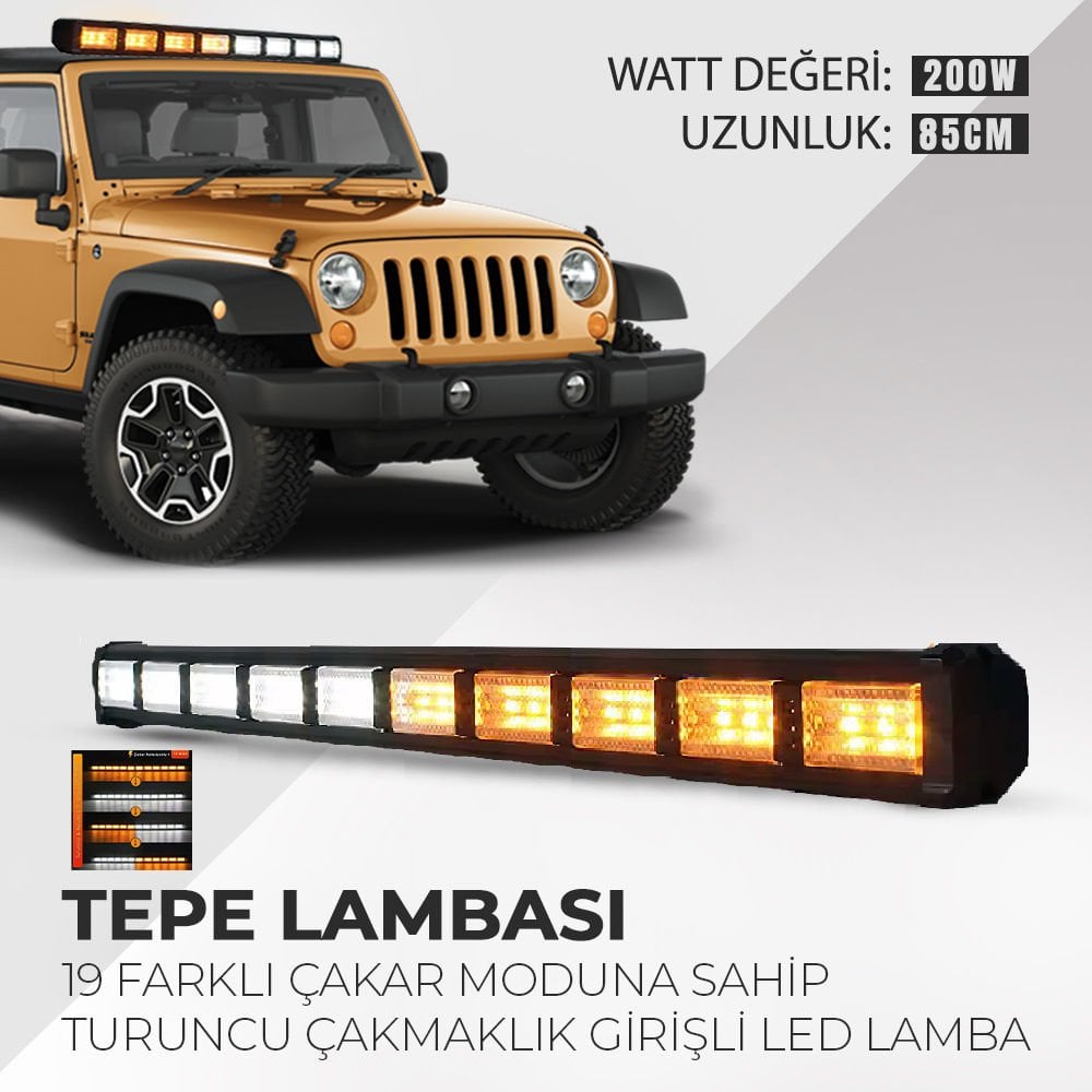 Cama Çakar Beyaz Turuncu Led Flaş Çakmaklık Girişli 85 CM 19 Mod Araç İçi Ön Arka Panel Araç Dışı Tepe Izgara Acil İkaz Sinyal Uyarı Yönlendirme Spot DRL Gece Gündüz Çalışan Lamba