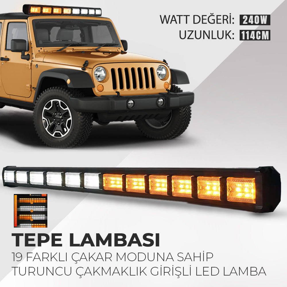 Cama Çakar Beyaz Turuncu Led Flaş Çakmaklık Girişli 114 CM 19 Mod Araç İçi Ön Arka Panel Araç Dışı Tepe Izgara Acil İkaz Sinyal Uyarı Yönlendirme Spot DRL Gece Gündüz Çalışan Lamba