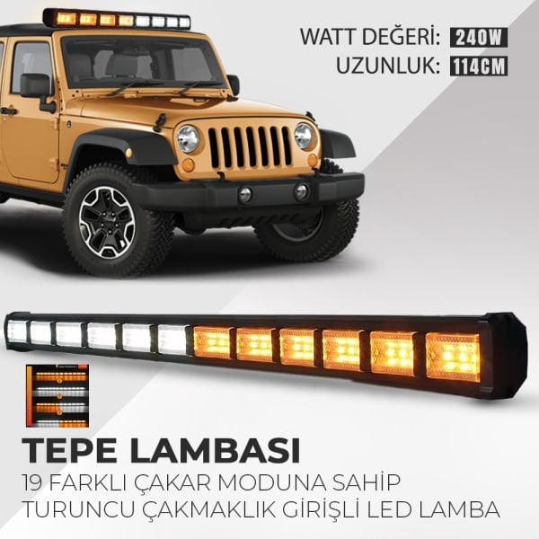 Cama Çakar Beyaz Turuncu Led Flaş Çakmaklık Girişli 114 CM 19 Mod Araç İçi Ön Arka Panel Araç Dışı Tepe Izgara Acil İkaz Sinyal Uyarı Yönlendirme Spot DRL Gece Gündüz Çalışan Lamba