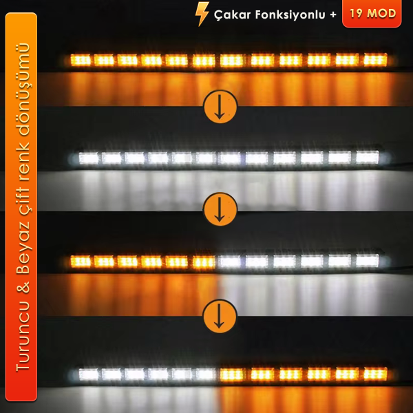 Cama Çakar Beyaz Turuncu Led Flaş Çakmaklık Girişli 114 CM 19 Mod Araç İçi Ön Arka Panel Araç Dışı Tepe Izgara Acil İkaz Sinyal Uyarı Yönlendirme Spot DRL Gece Gündüz Çalışan Lamba