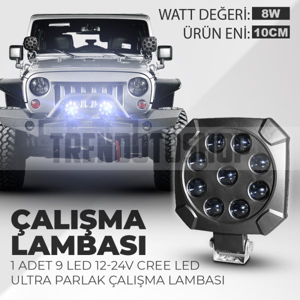 9 Ledli Off Road Çalışma Ve Sis Lambası 12V Cree Led 8 Wat