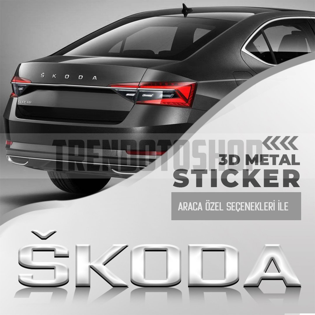 Skoda Yeni Tip Bagaj Yazısı Logo Amblem 3D Sticker Beyaz