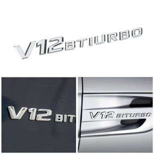 V12 BITURBO Gümüş Krom Kaplama Renkli Metal Arma Amblem Vernikli Sticker Yapışkanlı