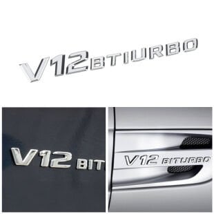 V12 BITURBO Gümüş Krom Kaplama Renkli Metal Arma Amblem Vernikli Sticker Yapışkanlı