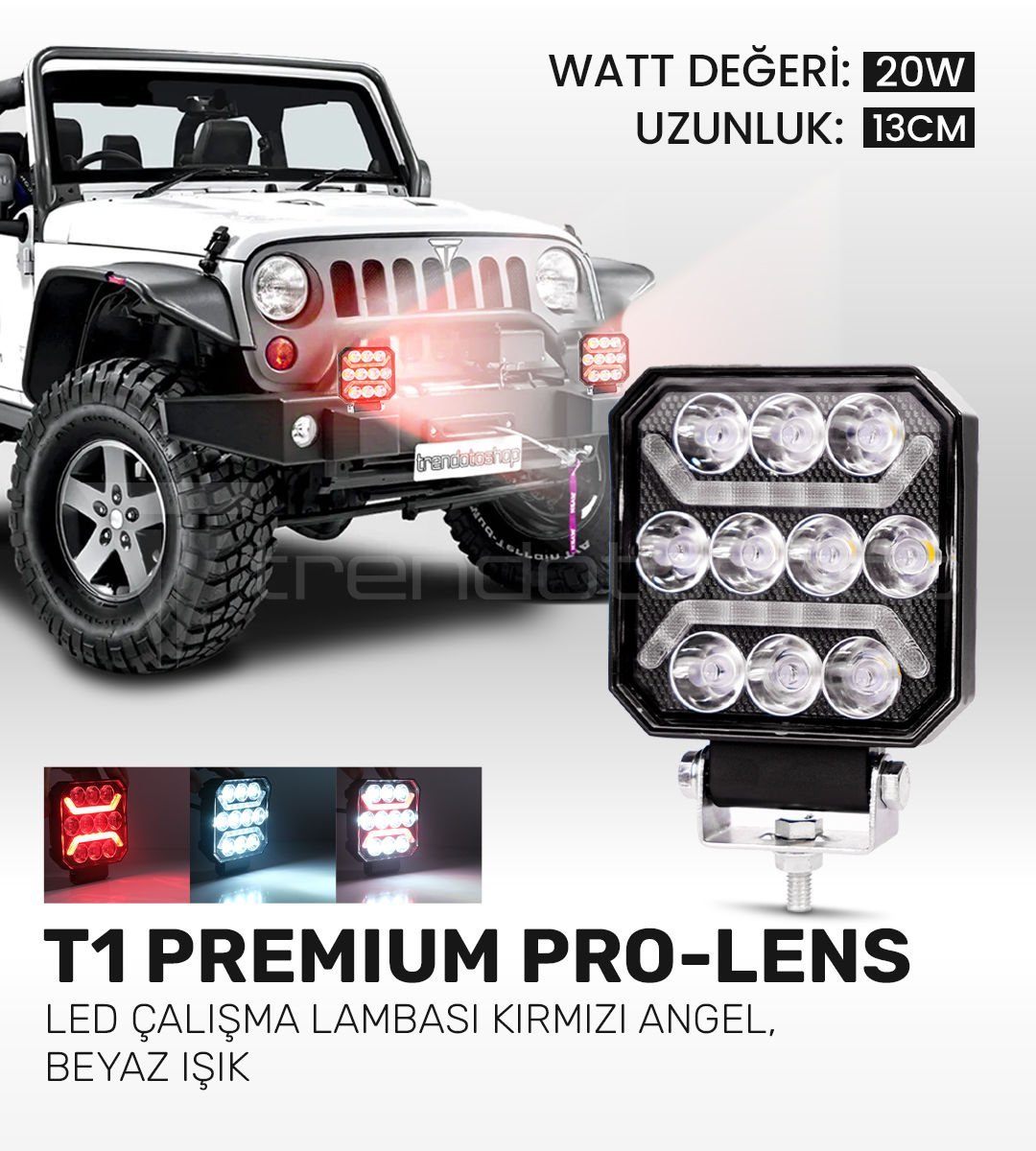 T1 PRO-LENS Çalışma Lambası - Kırmızı Angel, Beyaz Işık, 4,800 Lümen, 20 Watt, 12-24 Volt Uyumlu