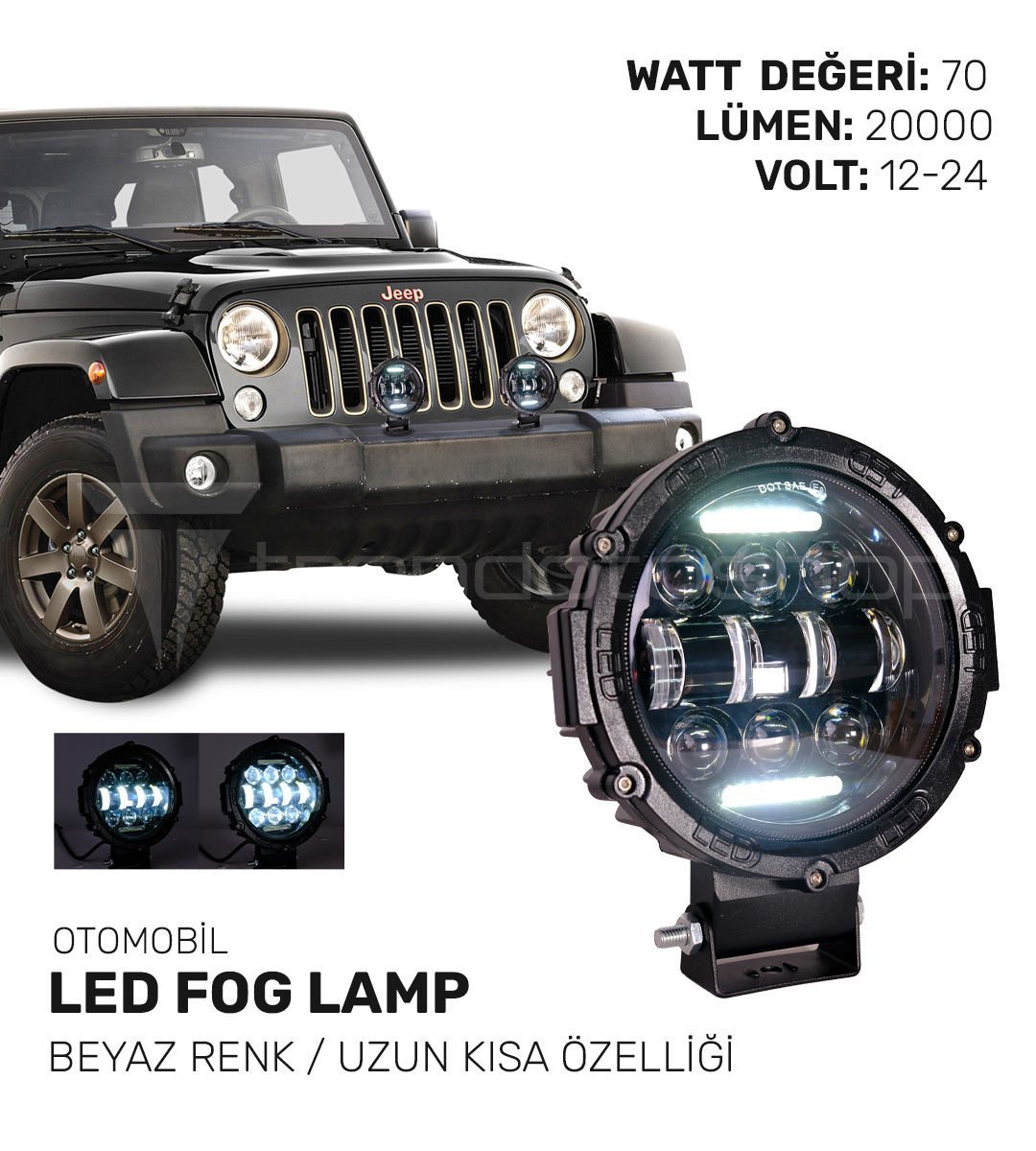 Off Road Led Sis Lambası 70 Watt 20000 Lümen Beyaz Renk 12-24 Volt Uyumlu Uzun Kısa Özelliği