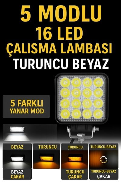 16 Led 5 Modlu Turuncu Beyaz Çalışma Lambası